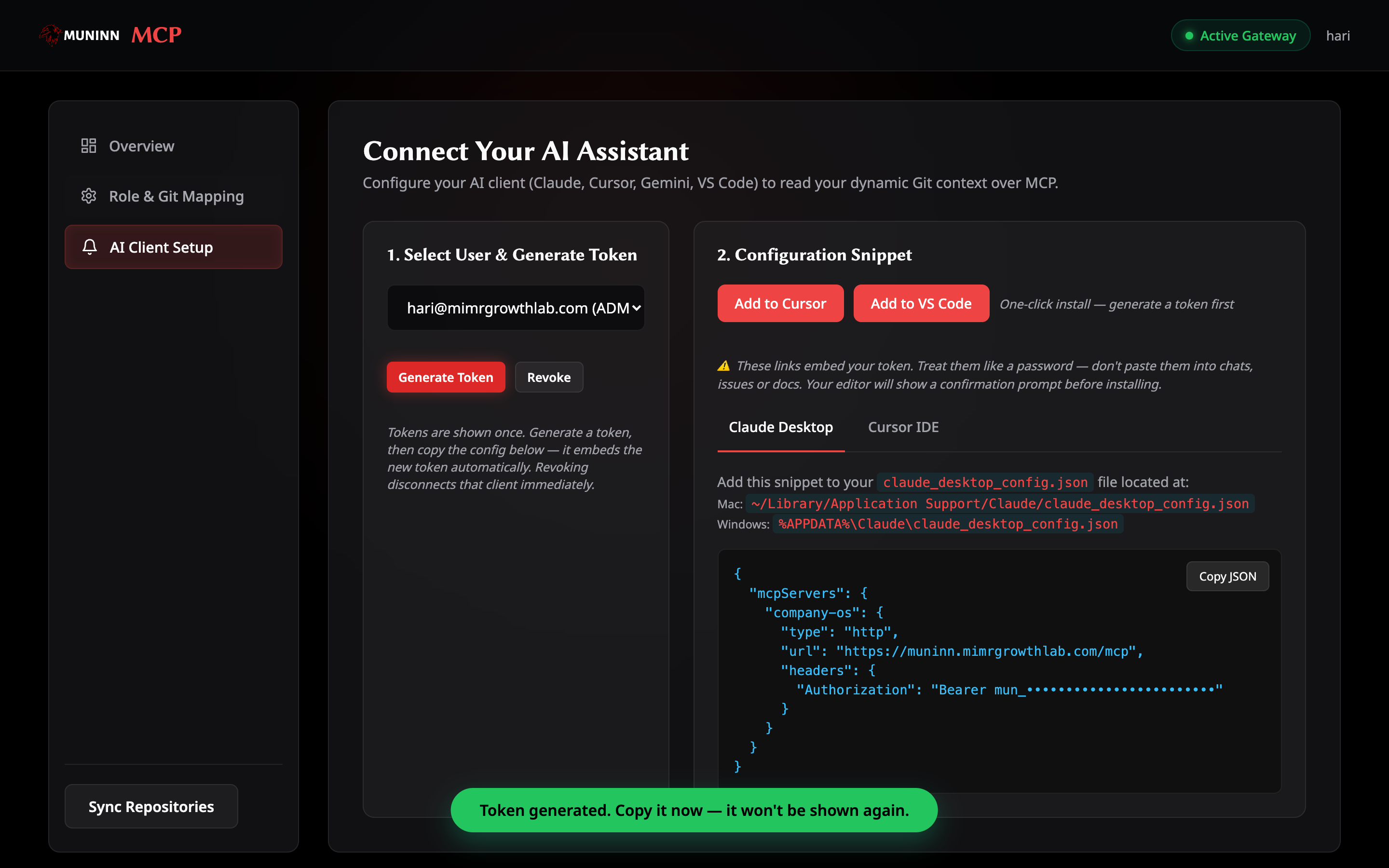 Muninn AI Client Setup tab with Add to Cursor and Add to VS Code one-click install buttons and a connection config